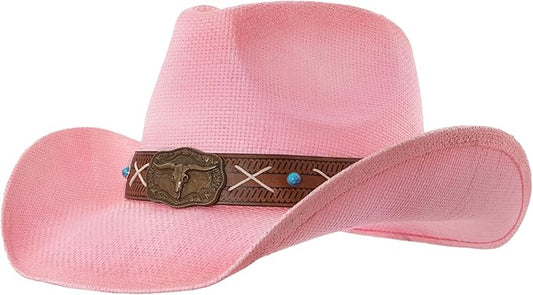 Western Outback Cowboy Hat Men's Women's Style Classic Straw Western Cowgirl Hat Pink