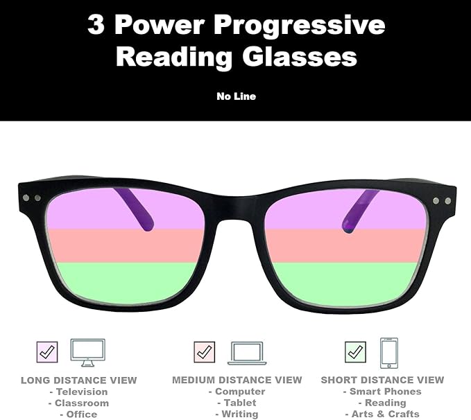 2 Pack Bulk Multi Focus 3 Power Progressive Reading Glasses - No Line Black/Tortoise, 3.00 x