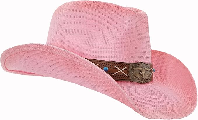Western Outback Cowboy Hat Men's Women's Style Classic Straw Western Cowgirl Hat Pink