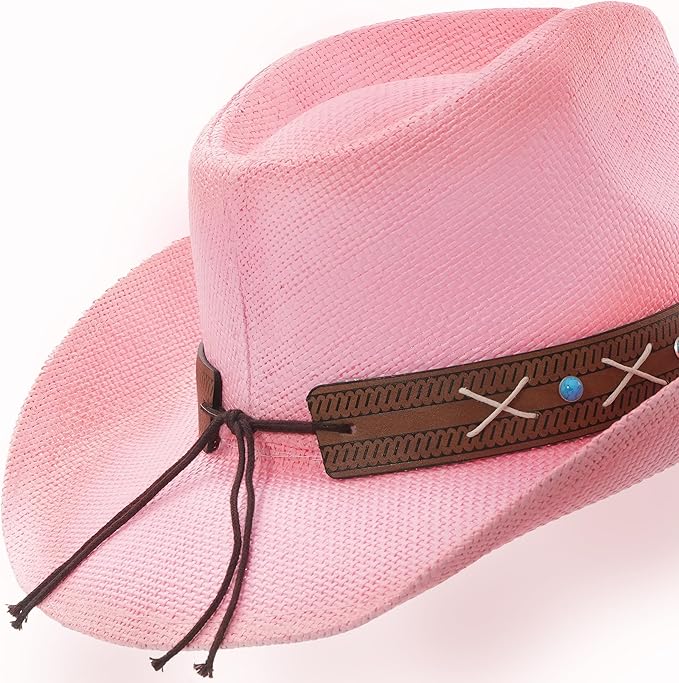 Western Outback Cowboy Hat Men's Women's Style Classic Straw Western Cowgirl Hat Pink