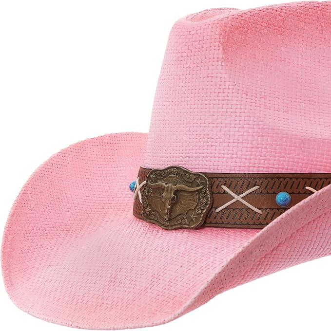 Western Outback Cowboy Hat Men's Women's Style Classic Straw Western Cowgirl Hat Pink