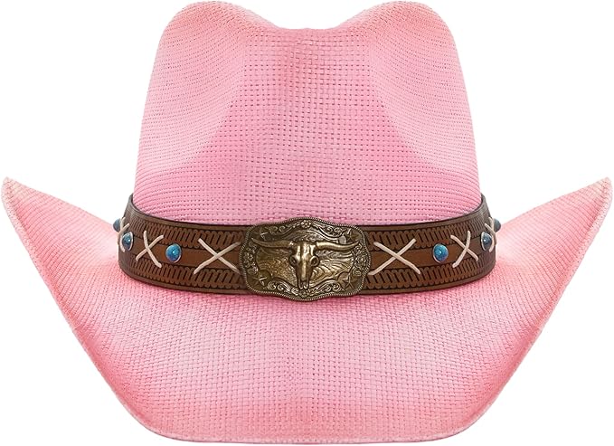 Western Outback Cowboy Hat Men's Women's Style Classic Straw Western Cowgirl Hat Pink