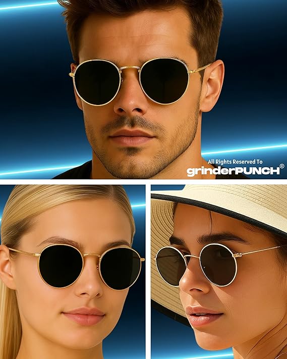 grinderPUNCH Classic Retro Sunglasses for Women Men, UV400 Protection Lens and Lightweight Men Sun Glasses Small Circle Metal Frame