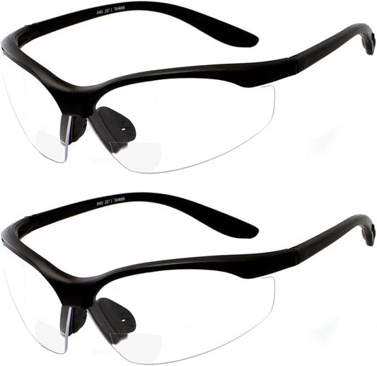 2 Pair Safety Glasses ANSI Z87 Impact Resistant Non-Slip Wrap Around Clear Lens Bifocal Reading Glasses Diopter 1.00 - 3.00