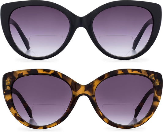 grinderPUNCH 2 Pairs Women Bifocal Reading Sunglasses | Ladies Sun Reader Glasses Cateye Vintage (1.50x)