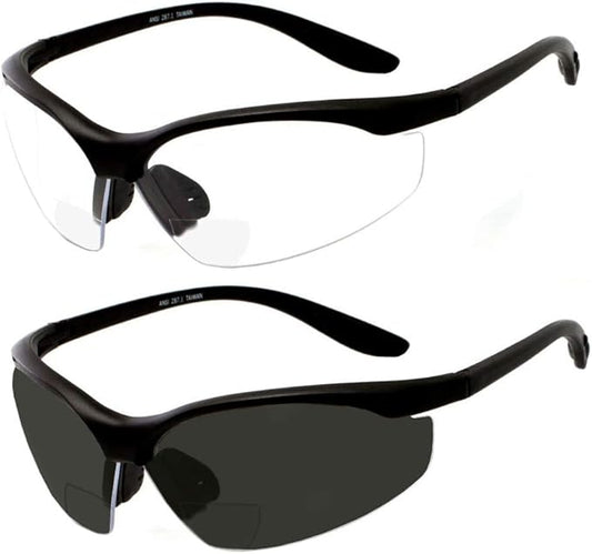 grinderPUNCH 2 Pair Safety Glasses ANSI Z87 Clear Impact Resistant Bifocal Reading Glasses Non-Slip Wrap Around Safety Sunglasses Diopter/+1.00