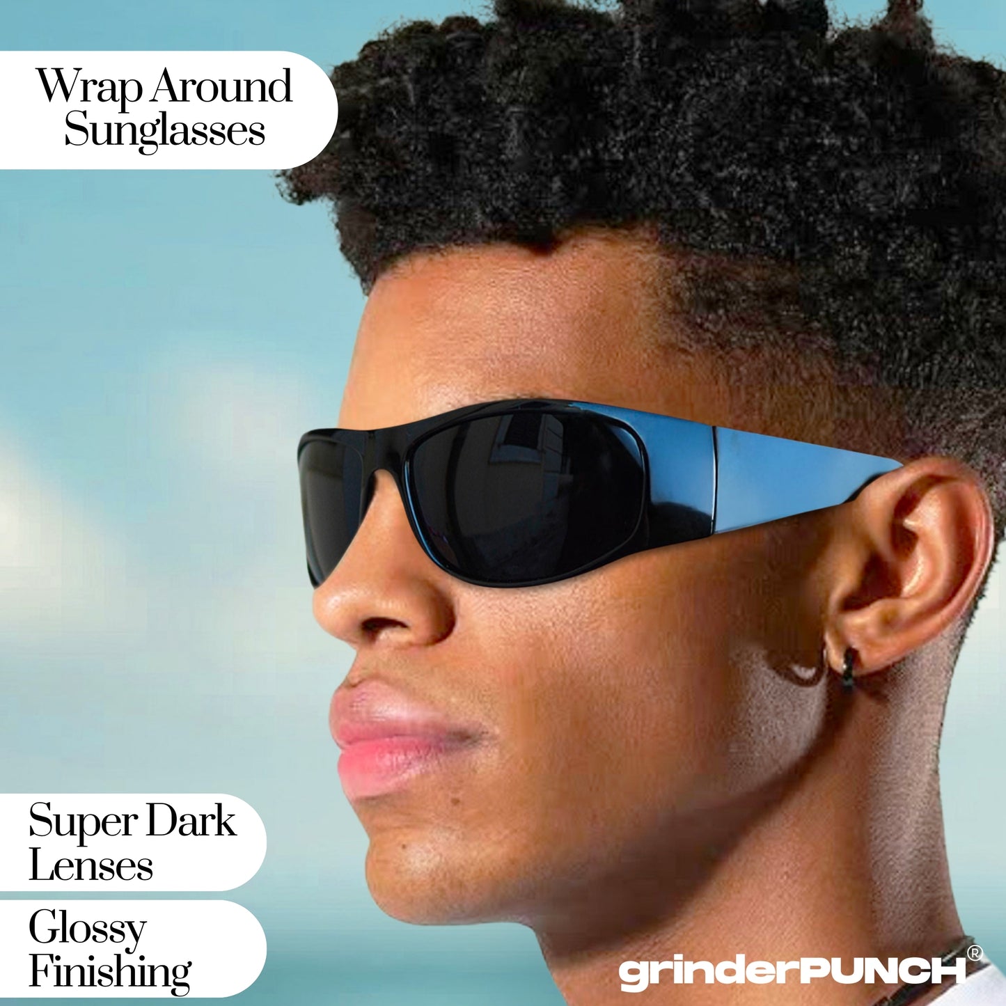 Polarized Super Dark Sunglasses Biker Style Rider Wrap Around Style Lightweight UV Protection (Glossy Frame/Superdark Lens)