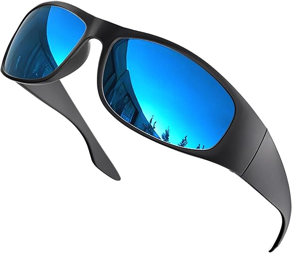 Polarized Sunglasses Men Womens Trendy Retro Sports Rectangular Wrap Around Vintage Shot Shield (Glossy Frame/Blue Lens)