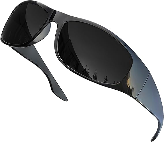 Polarized Super Dark Sunglasses  Biker Style Rider Wrap Around Style Lightweight UV Protection (Glossy Frame/Superdark Lens)