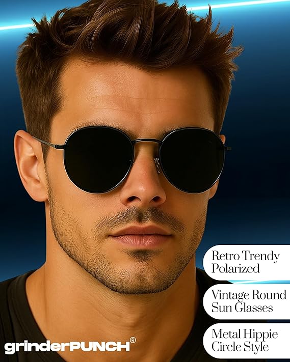 grinderPUNCH Classic Retro Sunglasses for Women Men, UV400 Protection Lens and Lightweight Men Sun Glasses Circle Metal Frame