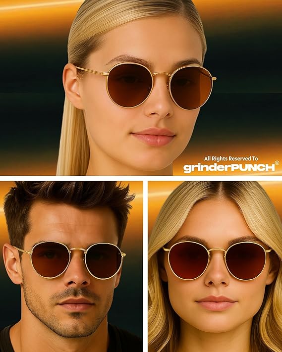 grinderPUNCH Classic Retro Sunglasses for Women Men, UV400 Protection Lens and Lightweight Men Sun Glasses Small Circle Metal Frame