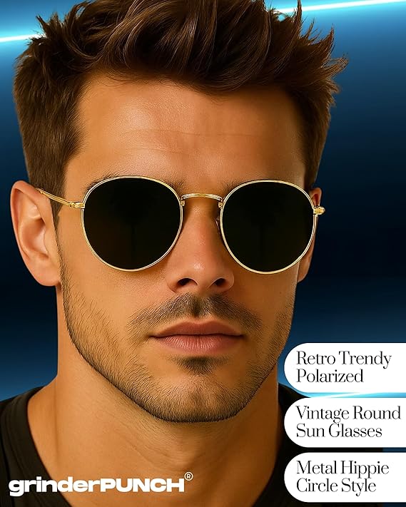 grinderPUNCH Classic Retro Sunglasses for Women Men, UV400 Protection Lens and Lightweight Men Sun Glasses Small Circle Metal Frame