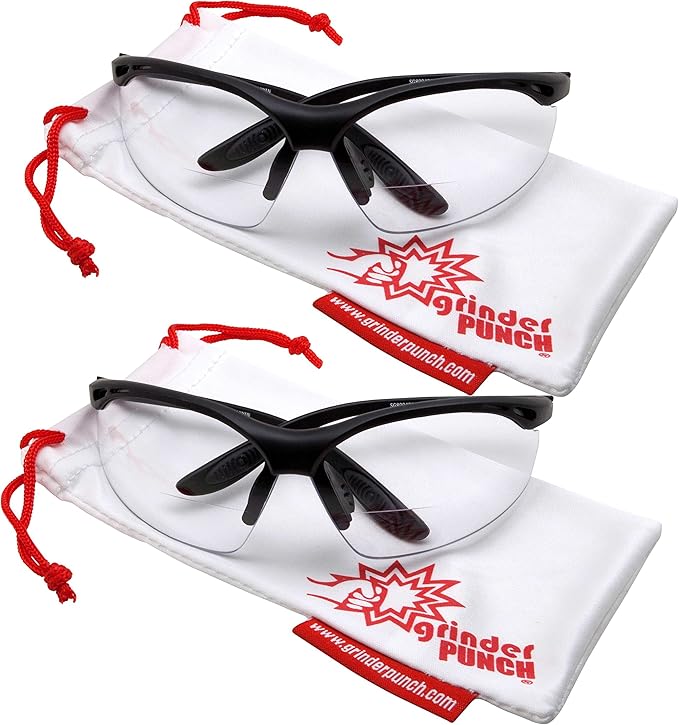 2 Pair Safety Glasses ANSI Z87 Impact Resistant Non-Slip Wrap Around Clear Lens Bifocal Reading Glasses Diopter 1.00 - 3.00