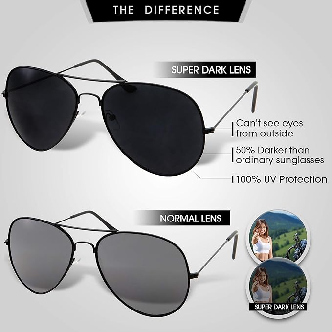 Super Dark Lens Limo Tint Pilot Sunglasses - Men and Women Privacy Sunglasses (Black)