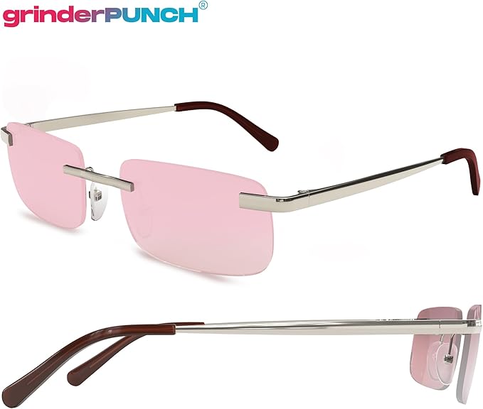 grinderPUNCH Small Slim 90's Popular Nineties Rectangular Sunglasses Clear Rimless Eyewear (Silver Frame - Pink)