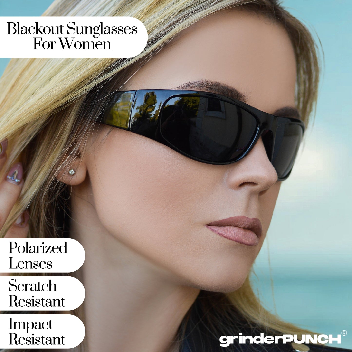 Polarized Super Dark Sunglasses Biker Style Rider Wrap Around Style Lightweight UV Protection (Glossy Frame/Superdark Lens)