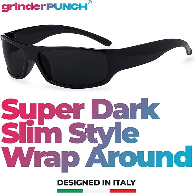 Mens Black Super Dark Sunglasses - Slim Wrap Around Gangster Style