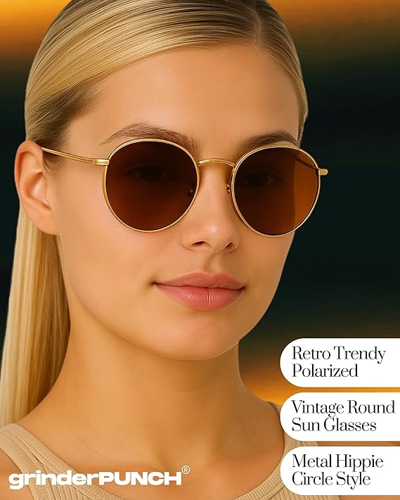 grinderPUNCH Classic Retro Sunglasses for Women Men, UV400 Protection Lens and Lightweight Men Sun Glasses Small Circle Metal Frame