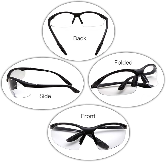 2 Pair Safety Glasses ANSI Z87 Impact Resistant Non-Slip Wrap Around Clear Lens Bifocal Reading Glasses Diopter 1.00 - 3.00