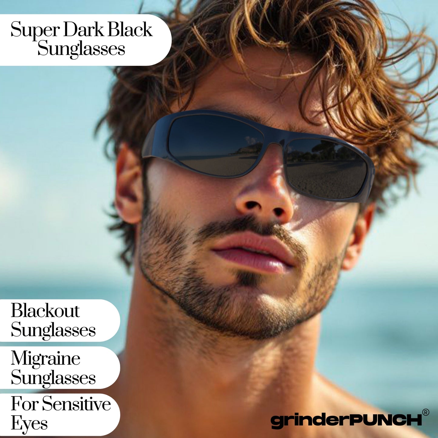 Polarized Super Dark Sunglasses Biker Style Rider Wrap Around Style Lightweight UV Protection (Glossy Frame/Superdark Lens)