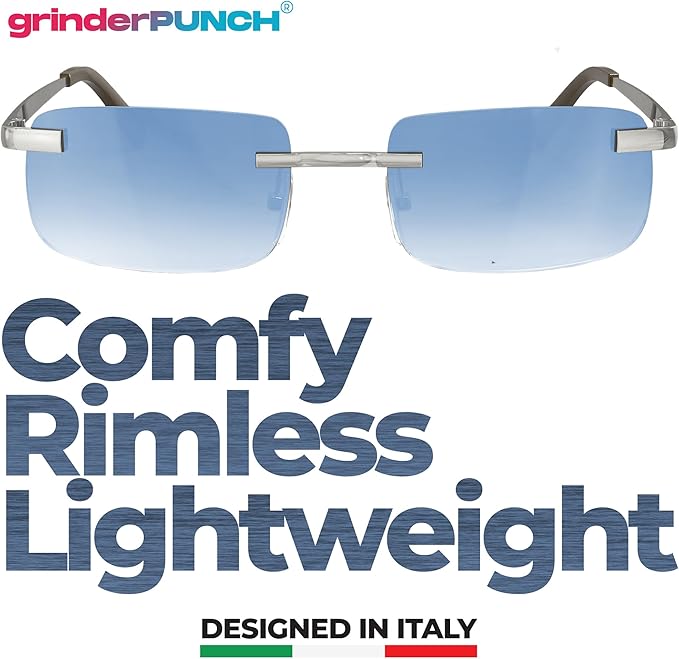 grinderPUNCH Small Slim 90's Popular Nineties Rectangular Sunglasses Clear Rimless Eyewear (Silver Frame - Blue)