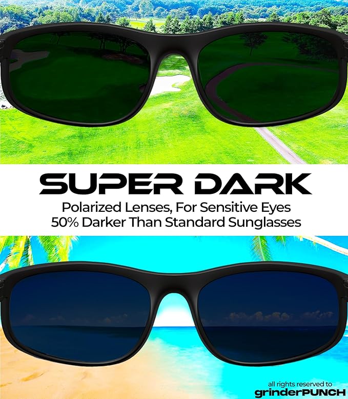 Polarized Super Dark Sunglasses Biker Style Rider Wrap Around Style Lightweight UV Protection (Matte Frame/Superdark Lens)