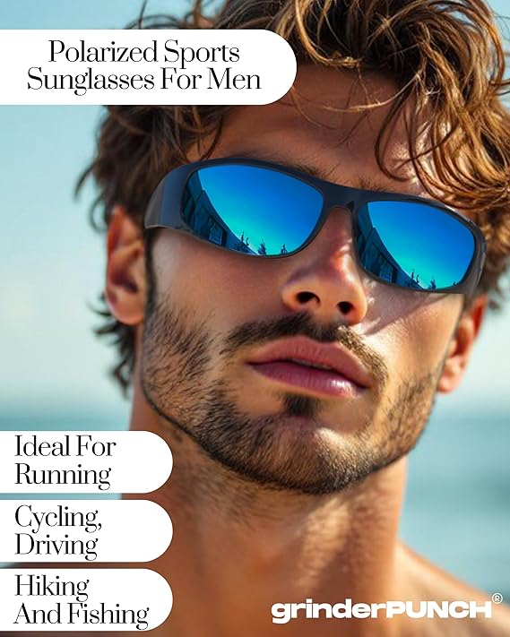 Polarized Sunglasses Men Womens Trendy Retro Sports Rectangular Wrap Around Vintage Shot Shield (Glossy Frame/Blue Lens)