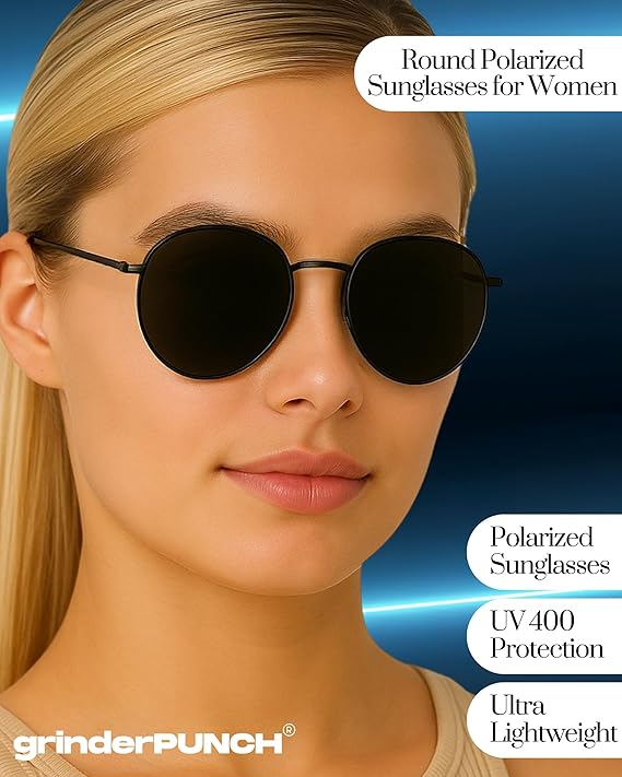grinderPUNCH Classic Retro Sunglasses for Women Men, UV400 Protection Lens and Lightweight Men Sun Glasses Circle Metal Frame