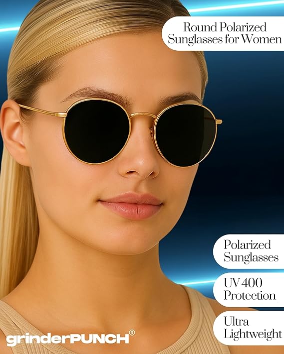 grinderPUNCH Classic Retro Sunglasses for Women Men, UV400 Protection Lens and Lightweight Men Sun Glasses Small Circle Metal Frame