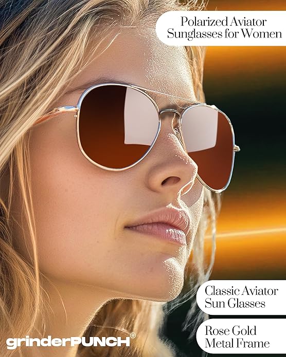 Unisex Aviator Sunglasses Metal Rose Gold Frame/Brown Lens
