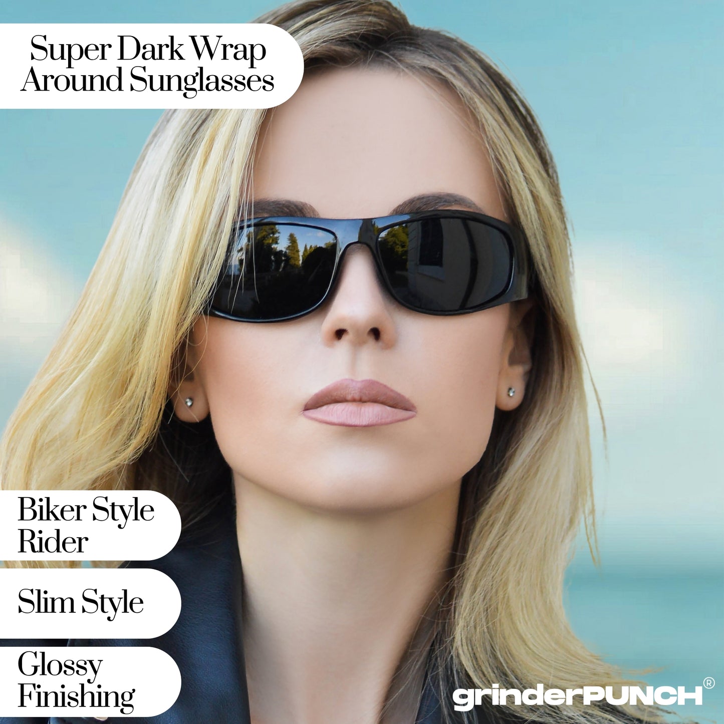 Polarized Super Dark Sunglasses Biker Style Rider Wrap Around Style Lightweight UV Protection (Glossy Frame/Superdark Lens)