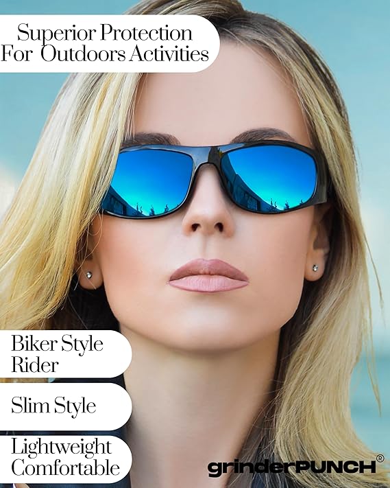 grinderPUNCH Polarized Sunglasses Men Womens Trendy Retro Sports Rectangular Wrap Around Matte Frame/Blue Lens