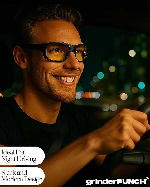 grinderPUNCH Night Driving Glasses Anti Glare Polarized For Women Men Night Vision Yellow Lens Anti Glare Driving Glasses UV Protection (Matte Frame/Yellow Lens)