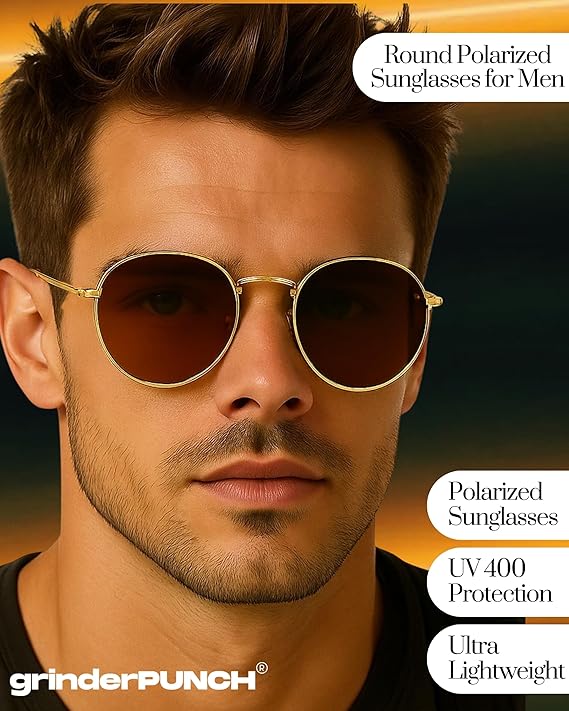 grinderPUNCH Classic Retro Sunglasses for Women Men, UV400 Protection Lens and Lightweight Men Sun Glasses Small Circle Metal Frame