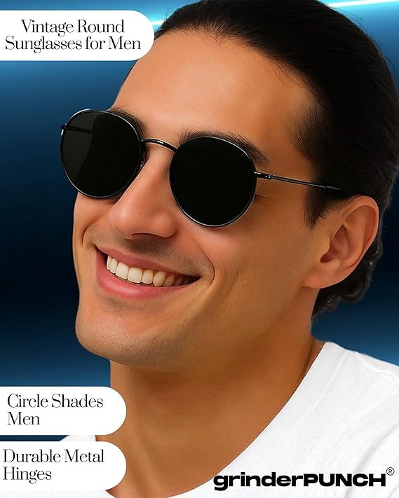 grinderPUNCH Classic Retro Sunglasses for Women Men, UV400 Protection Lens and Lightweight Men Sun Glasses Circle Metal Frame