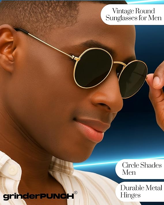 grinderPUNCH Classic Retro Sunglasses for Women Men, UV400 Protection Lens and Lightweight Men Sun Glasses Small Circle Metal Frame