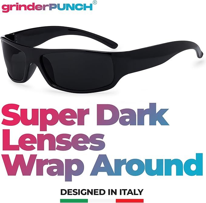 Mens Black Super Dark Sunglasses - Slim Wrap Around Gangster Style