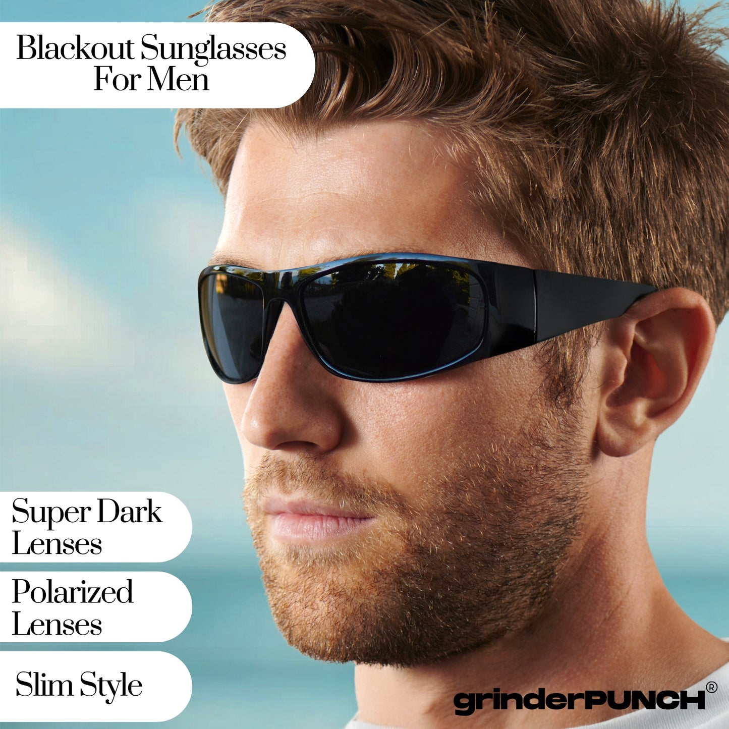 Polarized Super Dark Sunglasses Biker Style Rider Wrap Around Style Lightweight UV Protection (Glossy Frame/Superdark Lens)