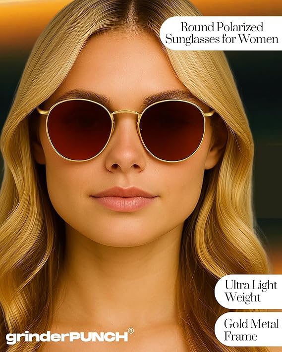 grinderPUNCH Classic Retro Sunglasses for Women Men, UV400 Protection Lens and Lightweight Men Sun Glasses Small Circle Metal Frame
