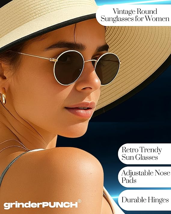 grinderPUNCH Classic Retro Sunglasses for Women Men, UV400 Protection Lens and Lightweight Men Sun Glasses Small Circle Metal Frame