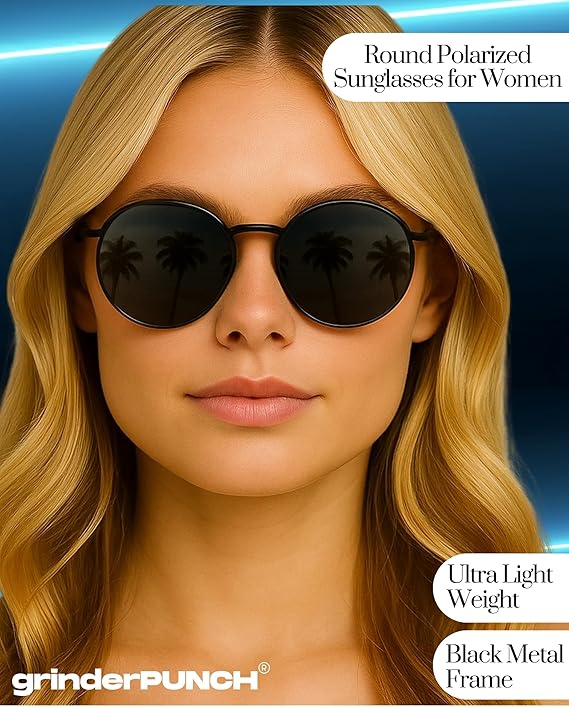 grinderPUNCH Classic Retro Sunglasses for Women Men, UV400 Protection Lens and Lightweight Men Sun Glasses Circle Metal Frame