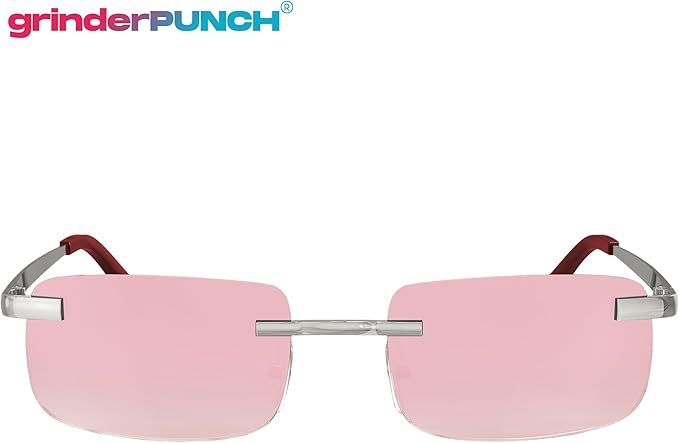 grinderPUNCH Small Slim 90's Popular Nineties Rectangular Sunglasses Clear Rimless Eyewear (Silver Frame - Pink)