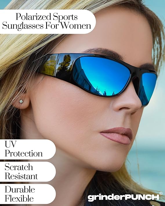 grinderPUNCH Polarized Sunglasses Men Womens Trendy Retro Sports Rectangular Wrap Around Matte Frame/Blue Lens