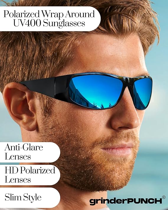 Polarized Sunglasses Men Womens Trendy Retro Sports Rectangular Wrap Around Vintage Shot Shield (Glossy Frame/Blue Lens)