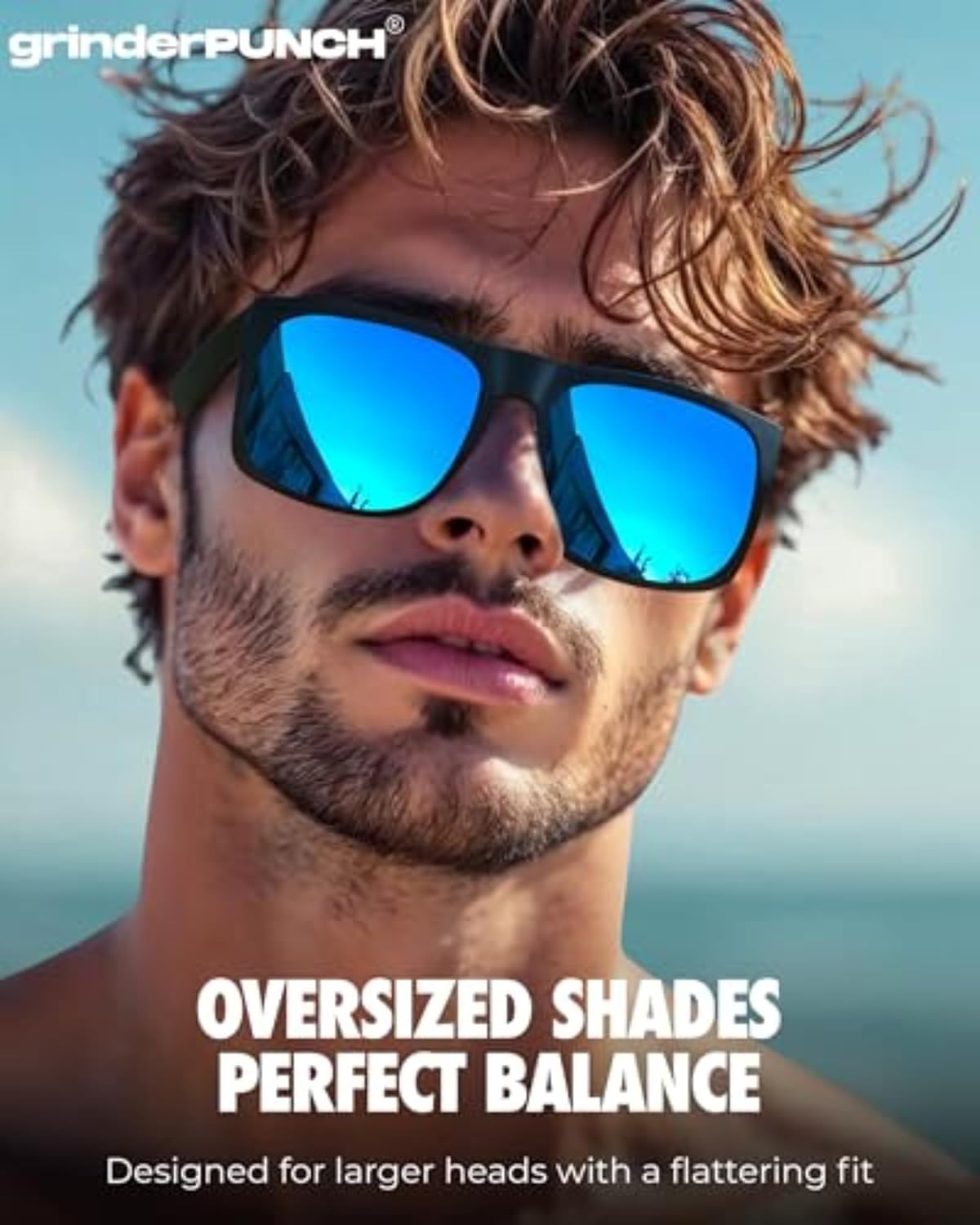 grinderPUNCH XL Oversized Polarized Sunglasses for Men – Wide Fit for Big Heads, Matte Frame, Blue Mirror Lens