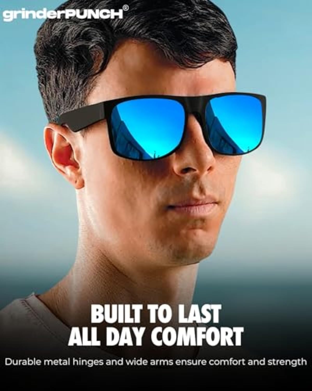 grinderPUNCH XL Oversized Polarized Sunglasses for Men – Wide Fit for Big Heads, Matte Frame, Blue Mirror Lens