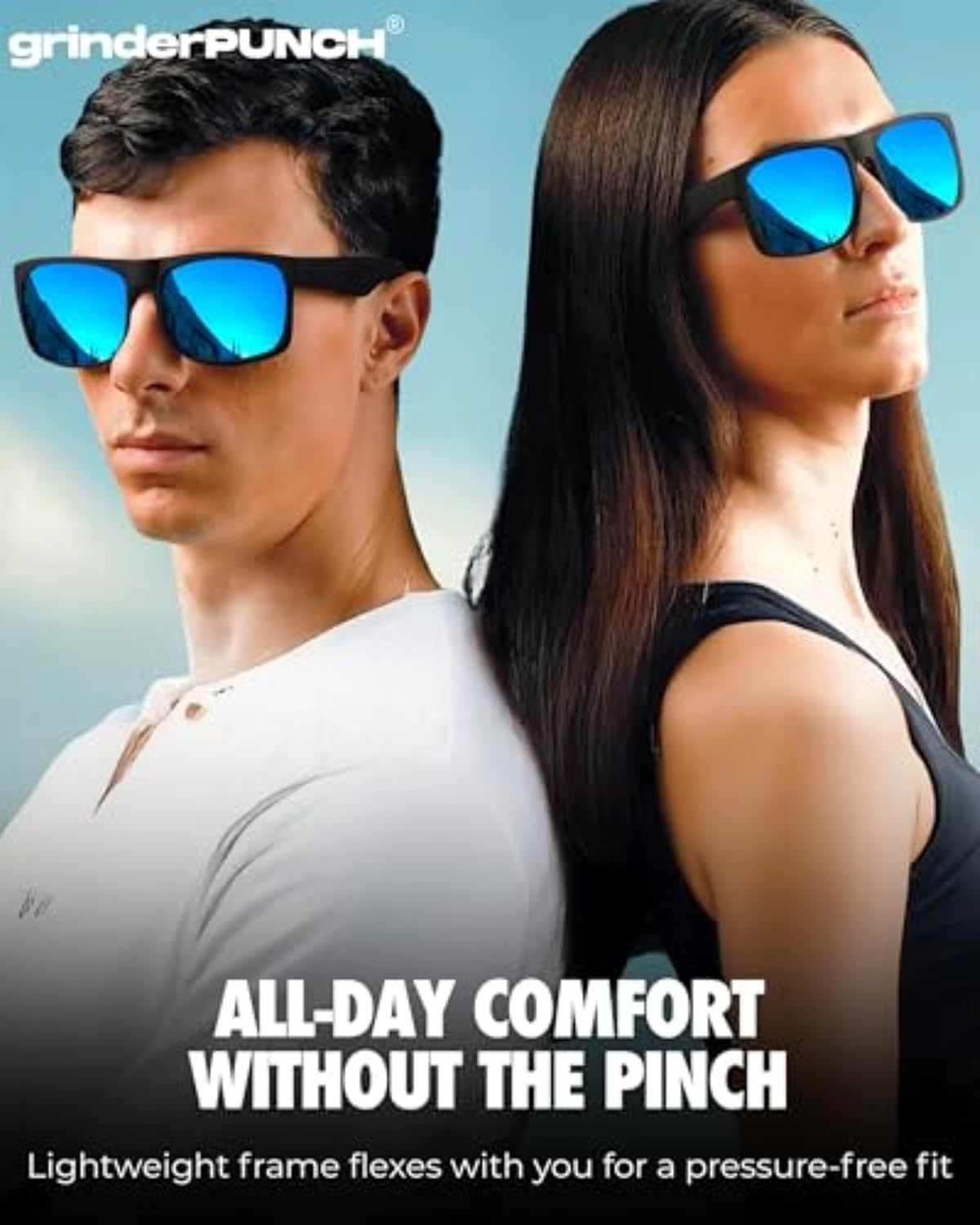 grinderPUNCH XL Oversized Polarized Sunglasses for Men – Wide Fit for Big Heads, Matte Frame, Blue Mirror Lens