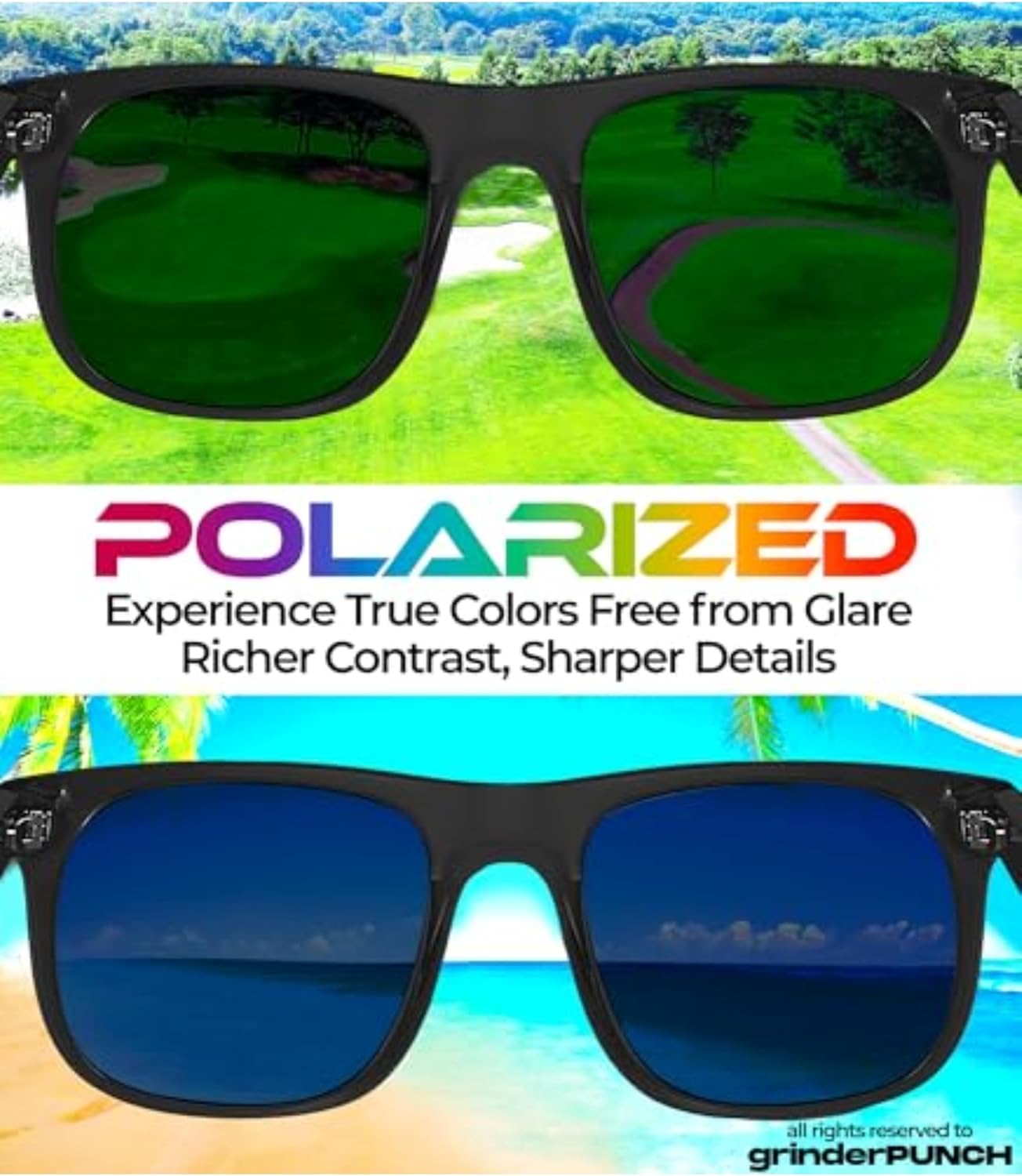grinderPUNCH XL Polarized Sunglasses – Oversized Fit for Big Heads, Black Lens, Glossy Frame, Driving Shades