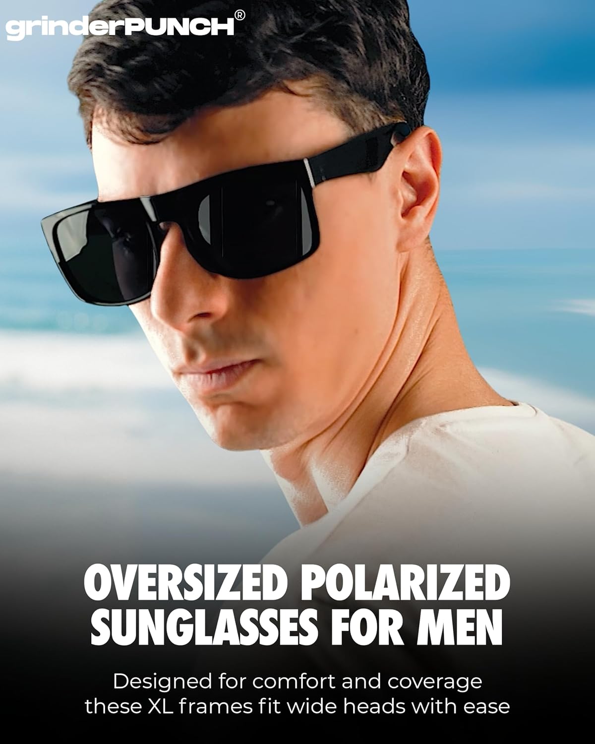 grinderPUNCH XL Polarized Sunglasses – Oversized Fit for Big Heads, Black Lens, Glossy Frame, Driving Shades