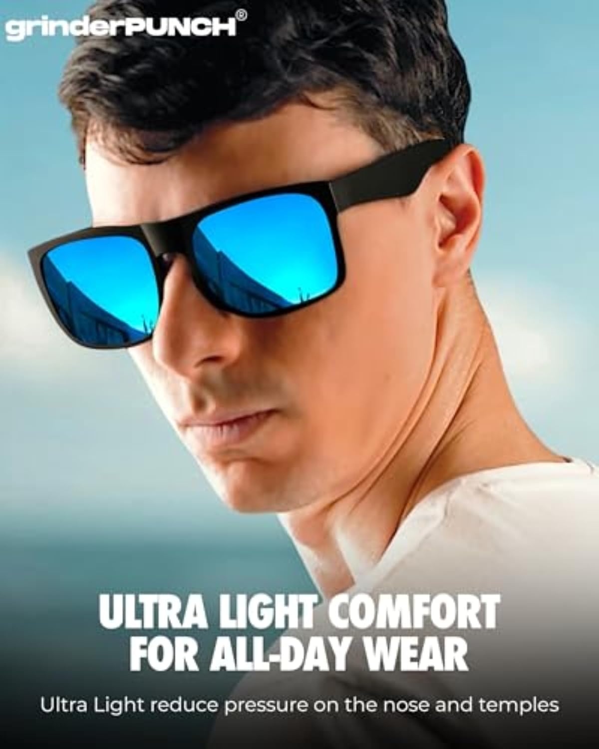 grinderPUNCH XL Oversized Polarized Sunglasses for Men – Wide Fit for Big Heads, Matte Frame, Blue Mirror Lens